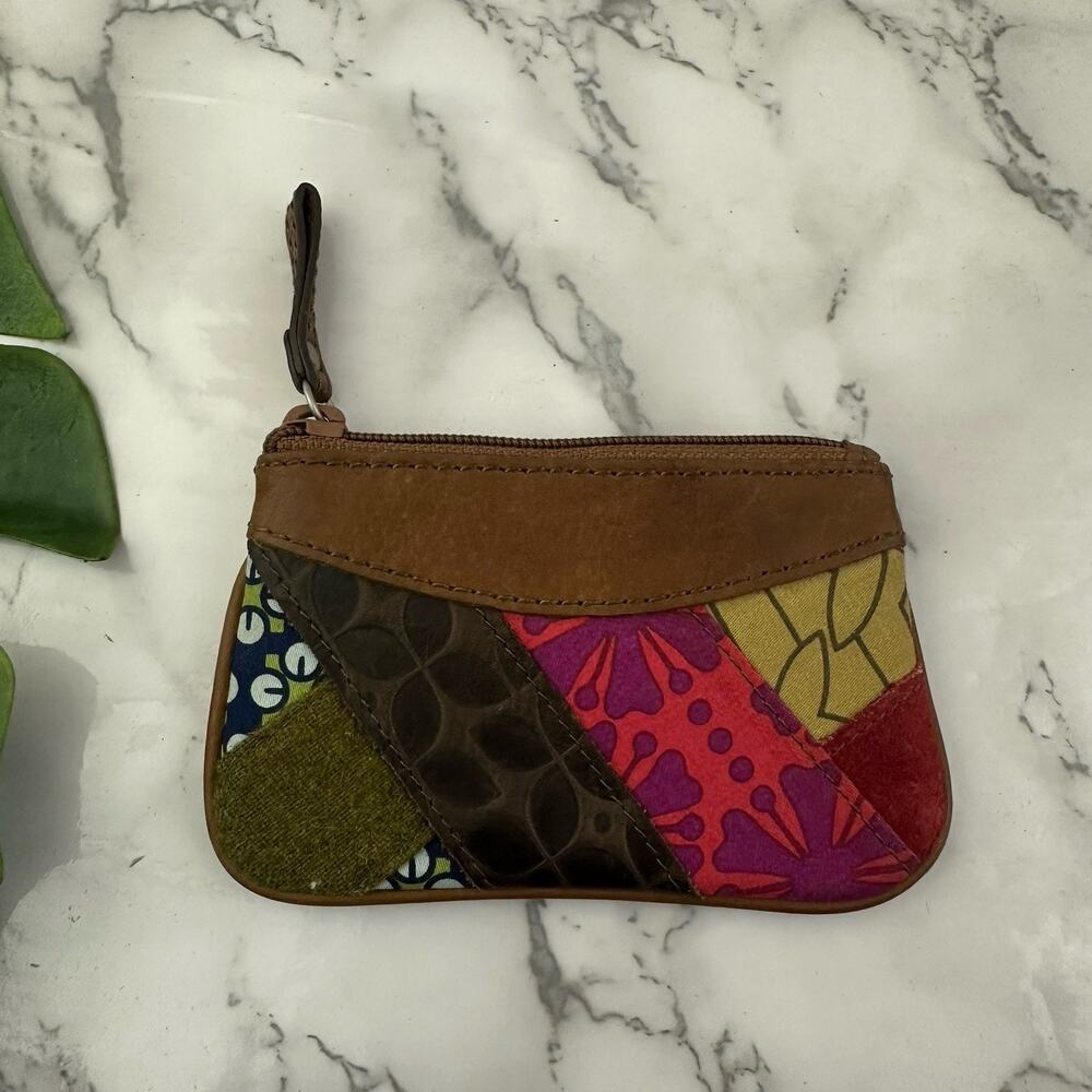 Fossil Vintage Y2k Card Wallet Pouch Brown Patchwork Leather Small Slim Keychain